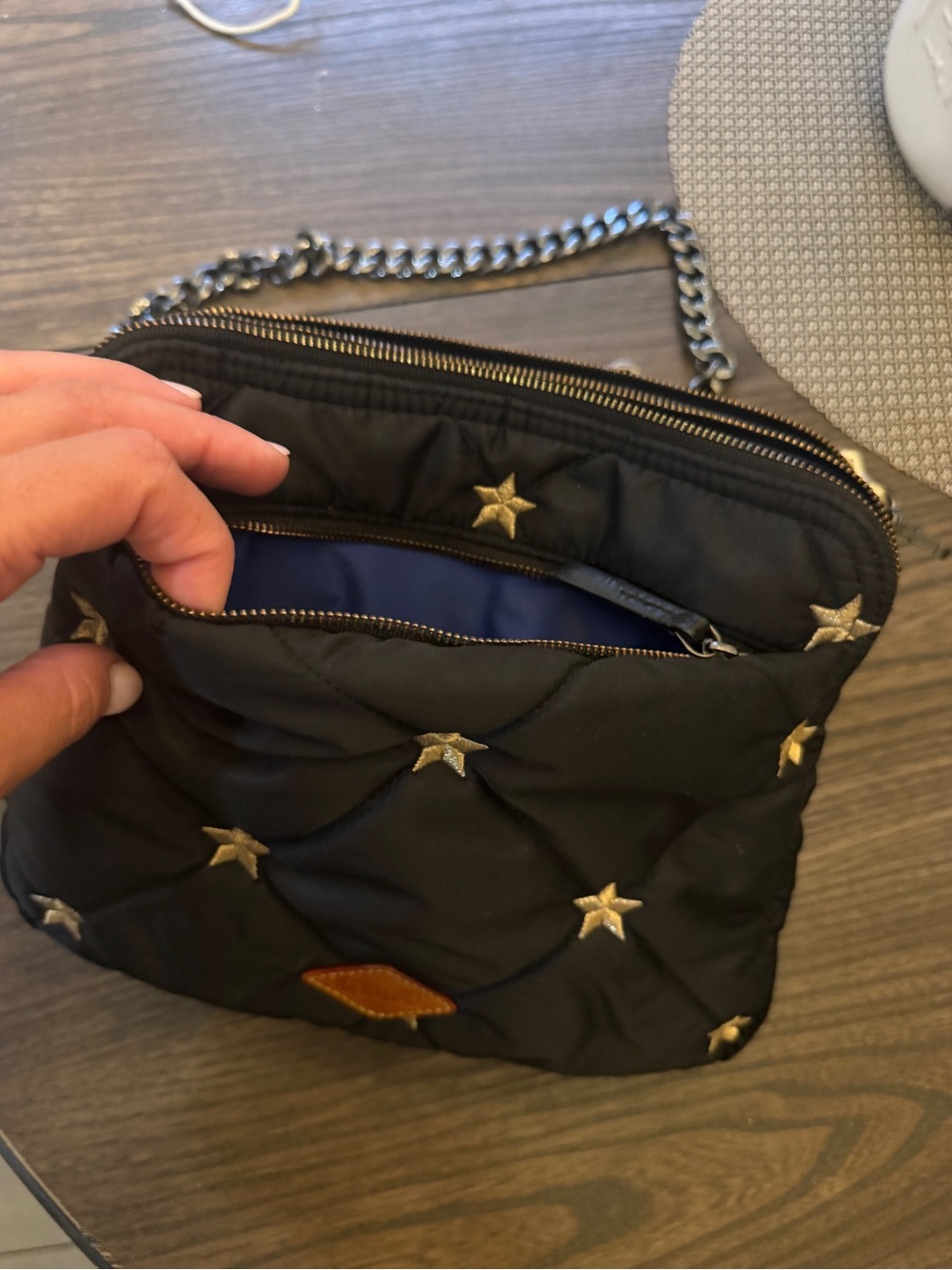 MZ WALLACE Black Quilted Crossbody with Gold Stars & Patterned Strap - Picture 6 of 9